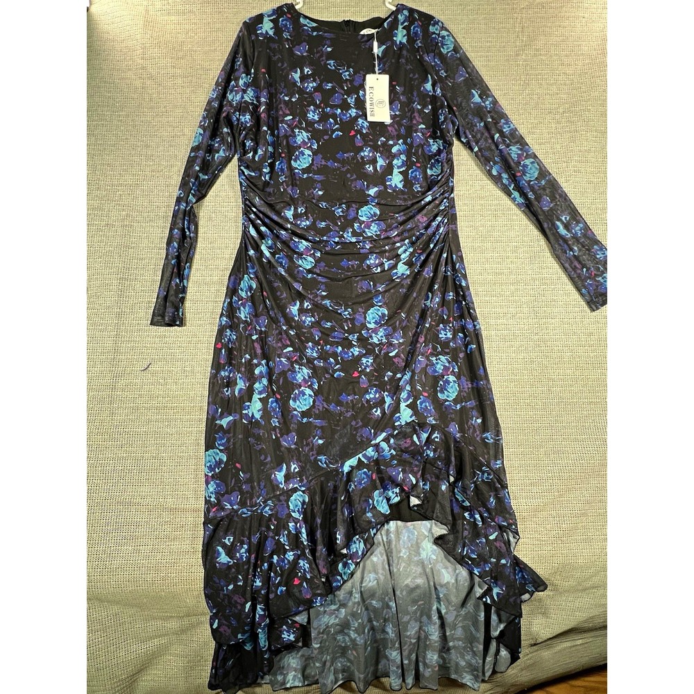 ECOWISH Women's Maxi Dress XL Floral Mesh Ruched Sheer Long Sleeve Black/Blue